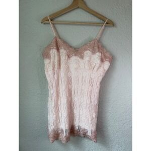 MKM Designs Pink Floral Lace Camisole Top Rose Gold Metallic Scalloped Trim L